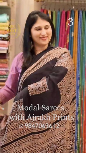 NRI FEST 2025 is here 🌍Fashion quiz alert!🎉 Modal silk with Ajrakh prints. Comfort meets craft.Indulge yourself in these buttery soft, breathable, lightweight, and easy to drape sarees. With a gentle, luxurious sheen, they are perfect for celebrations, travel, and all your special moments. Paired with Ajrakh’s centuries-old block printing technique using natural dyes and sun-drying, each saree is a magical piece of art. When you choose one of these sarees, you are wrapping yourself in traditio