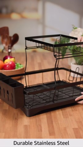 Dish Drying Rack, Dish Rack for Kitchen Counter, Over Sink Dish Drying Rack with Drain Board, 2-Tier Large Capacity Dish Drainer Organizer Shelf with Utensil Holder, Wine Glass Holder - Black