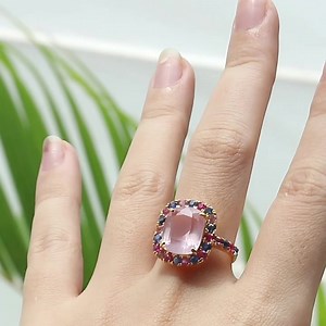 4.2K views · 359 reactions | ငြင်းရက်နိုင်စရာမရှိသော ကာလာအစုံနဲ့လှနေတဲ့လက်စွပ်လေးတစ်ကွင်း...  Rose Quartz and Multi-Colored Sapphire Halo Ring | Banner | Facebook