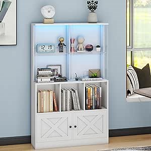 Vabches Glass Bookcase with LED Lights Bookcase with Doors Tall Bookcase Display Case Multifunctional Storage Cabinet Bookshelf Suitable for Home Office, Living Room, Bed Room, White