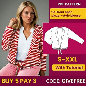 Tie-front Blazer Blouse Sewing Pattern: Beginner to Intermediate (PDF Download, S-XXL A4 Printable) - Etsy