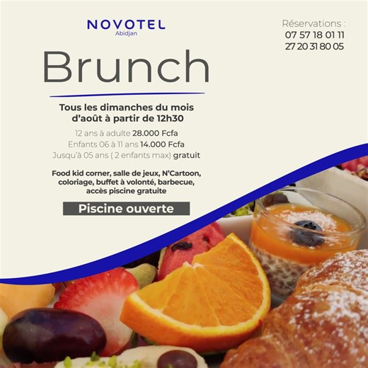 Le brunch by Novotel Abidjan vous emmènera encore ce dimanche dans un voyage gastronomique fabuleux à partir de 12h30. Food kid corner - salle de jeux - N'Cartoon - Coloriage - accès piscine 12 ans à adulte : 28 000 FCFA 6 à 11 ans : 14 000 FCFA Gratuit jusqu'à 5 ans (maximum deux enfants) Réservation WhatsApp : 07 57 18 01 11 #NovotelHotels #YourTimeYourWay #NovotelAbidjan #buffet #BrunchbyNovotelAbidjan | Novotel Abidjan Plateau