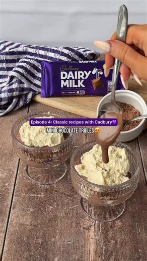 Mini Chocolate trifles😍 Ingredients: • Cadbury Mini Rolls • Cadbury Pot of Joy • Twirl Bites • Fresh Cream • Cadbury Dairy Milk (6 squares) • Cadbury Flake Method: 1. Break up your Cadbury Mini Rolls and line the bottom of the trifle glass. 2. Add layers of Cadbury Pot of Joy, Twirl Bites and fresh cream on top. 3. Repeat each of the layers twice. 4. Melt your Cadbury Dairy Milk chocolate and drizzle over the top of the fresh cream. 5. Crush your Cadbury Flake and sprinkle over the top of the f