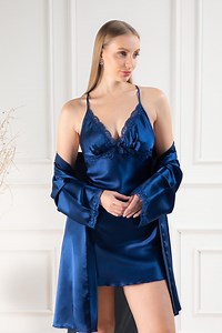 Navy Blue Satin Peignoir-short Romantic Slip Nightgown-honeymoon Sleepwear-bridal Shower Gift-elegant Navy Blue Silk Robe for Bridesmaids - Etsy