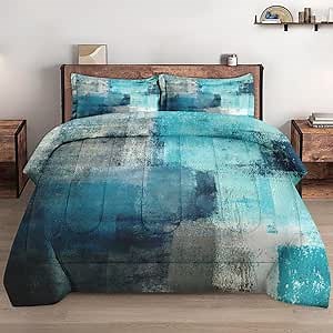 WeCozy Full Size Comforter Set with 2 Pillowcases, Painting Contemporary Teal Turquoise Grey Soft 3 Pcs Bedding for Kids and Adults Bedroom Bed Decor