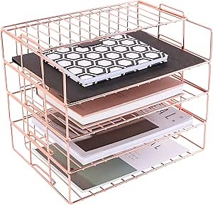 Stackable File Tray, 4 Tier Paper Organizer Tray, Wire Desk File Sorter Shelf for Mail, Magazine, Document, Folder, Book and More (Rose Glod)