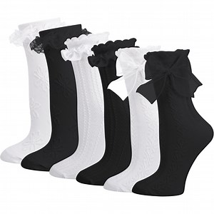 Bocaoying 6 Pairs Womens Ruffle Socks, Cute Lace Socks with Bowties, Comfortable Frilly Socks, Lettuce Socks, Princess Style Dress Crew Socks Lolita Gift for Ladies Girls, White and Black