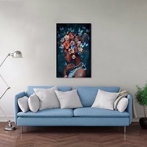 Abstract Wall Art Black Girl Pictures Wall Decor Artwork Modern Blue Posters African American Painting Butterfly and Flowers Head Pictures for Home Decor Woden Framed Ready to Hang - 28"W x 44"H