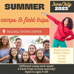 Summer Camps and Field Trips coming to the MacDill Youth Center 🤩 🤸 🎨 🎤 . . . Current monthly youth members can register your kids now using your existing CYP log in or in person at the youth center. Daily members and all others can register starting May 1st at the youth center. Find the full list of camps and trips at macdillfss.com/youth/ | MacDill Force Support Squadron