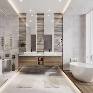 [Hot Item] Modern Wood Tone Bathroom Wall Hung Vanities Double Sink Waterproof Bathroom Cabinet