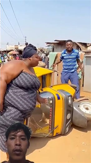 A small bajaj ridden by a fat woman gets destroyed