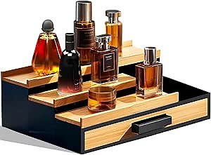 Cologne Organizer for Men 3 Tiers Wooden Perfume Display Stand with Felt Lining Drawer Drawer and Hidden Secret Storage Perfume Cologne Organizer Great Gift for Men, brown