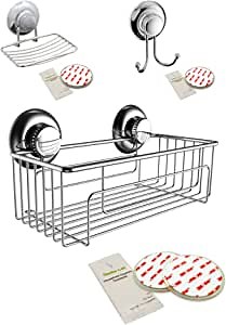 Gecko-Loc 🦎 Super Suction Shower Caddy Combo Including Suction Soap Dish & Double Shower Hook.
