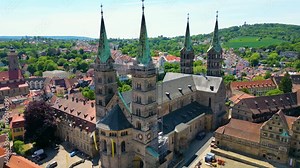 4K Aerial Drone Video of the Bell Towers of the Historic Bamberg Cathedral in the Old Town area of Bamberg, Germany