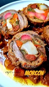 Classic Beef Morcon A Filipino-Style Beef Roulade stuffed with vegetables, sausages, cheese, among others. It is also commonly "larded" with pork fat in order to add moisture and flavor to the lean meat used. It is carefully rolled, tied with kitchen twine, and braised in fresh, all natural, ripe tomatoes which, along with the meat and other ingredients, create a rich and thick sauce that's a symphony of flavors. Each kitchen has their own style of stuffing for their morcon, and the fillings can
