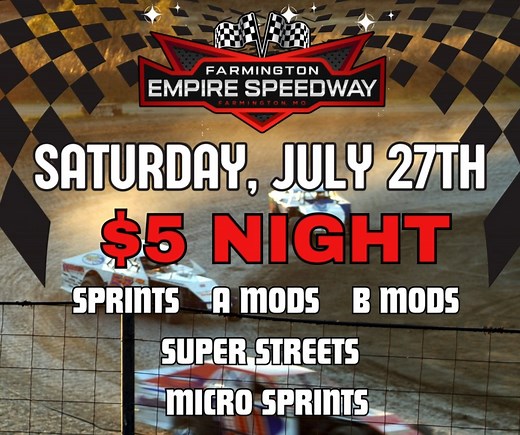 7.1K views · 42 reactions | Gates Open at 5 Hot Laps at 6 Racing at 7 $5 Race Night $5 Adults kids 12 and under free with paid adult admission $30 for pit passes, kids 4-12 $15, 3 and under free | Farmington Empire Speedway | Facebook
