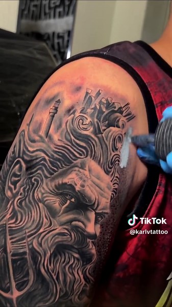 Tattooing a poseidon halfsleeve for a first timer client. Using cnc tattoo and glide tattoo products. #cnctattoo #greekmythology #poseidontattoo #greektattoo #tiktoktattooartist #tattooartist