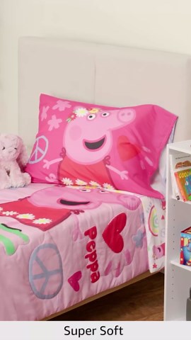 Peppa Pig Be Nice & Kind 4 Piece Toddler Bedding Set - Includes Comforter, Sheet Set - Fitted and Top Sheet + Reversible Pillow Case for Girls Bed, Pink