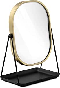 Navaris Magnifying Table Top Mirror - Double-Sided 1x/3x Magnification Vanity Makeup Mirror with Tray - For Bathroom, Bedroom, Desk - Black and Gold