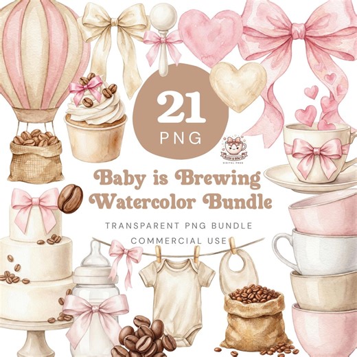 Baby is Brewing Watercolor PNG Bundle, Pink and Beige Coffee Baby Shower Clipart, Digital Download - Etsy