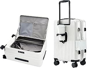 HotWay 26 Inch Expandable Checked Luggage with Cup Holder, Hardside TSA Approved Luggage with Spinner Wheels, Top Opening Suitcase For Travel, White
