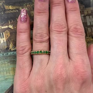 Vintage Emerald Eternity Band - - - - Because your love is eternal 💚 Vintage emerald eternity band, circa 1950s. 24 claw set emeralds 1.39ct total weight, set in 10kt yellow gold, size 7. More photos, pricing and full description available by tapping the shopping bag 💼 icon on your screen or online at www.cynthiafindlay.com with the product code 86619. Facebook: www.cynthiafindlay.com/antique-vintage-estate-jewellery/rings/wedding-bands-and-right-hand-bands/vintage-emerald-eternity-band-86619.