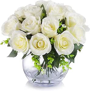 ENOVA FLORAL 18 Heads Silk Rose Artificial Flowers in Vase, Faux Rose Flowers Arrangement in Round Bowl Vase with Faux Water for Dining Table Decor, Wedding Centerpieces (Cream)