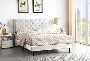 Full Upholstered Platform Bed Frame with 48" Tall Adjustable Headboard - Button Tufted Suede Velour Bed- Wood Slat Support with Storage Space- No Box Spring Needed - Beige - OLIVER & SMITH - Princeton