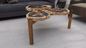 Deco 79 Petrified Stone Handmade Petrified Wood Coffee Table with Gold Base, 40" x 40" x 19", Brown