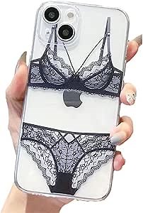 Funny Black Bikini Phone Case Compatible with iPhone 15 14 13 12 11 Pro Max Plus XR, TPU Bumper Shockproof Spoof Black Lace Clear Phone Case, Perfect Spoof Gift for Her or Him Ideas