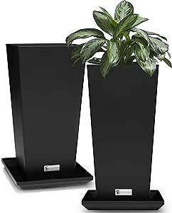 Elevens Tall Planters 20 Inch Tapered Square Planters Garden Flower Pots,Indoor/Outdoor Planter with Tray, Large Planter for Patio Black-2 Pack