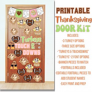Turkeys & Touchdowns Thanksgiving Door Decor, Fall Classroom Door Kit, Printable