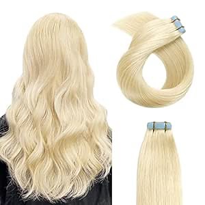 YILITE Tape Hair Extensions Brazilian Real Human Hair Color 60 Platinum Blonde Seamless Skin Weft Tape ins 20Pcs Pu Tape in Hair Extension American White Tape Adhesive in Extensions 50g(22inches #60)