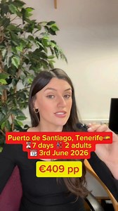 27K views · 92 reactions |  Puerto de Santiago, Tenerife⁠  3rd June 2026 ⁠ ⌛ 7 nights ⁠ 六‍欄‍六 2 Adults ⁠ ⁠ Vigilia Park ⁠ ⁠ ✈️ Fly from Cork⁠  From €479 pp ⁠ ⁠ ✈️ Flights Included: ⁠⁠ ⁠ Wed 3 Jun 2026⁠ 10:10 Cork - 14:15 Tenerife South⁠ ⁠ Wed 10 Jun 2026⁠ 05:45 Tenerife South - 09:45 Cork⁠ ⁠ Visit our website for more information! | Budget Travel | Facebook