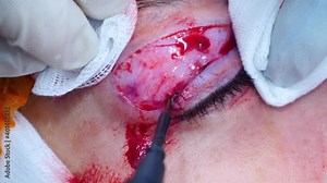 Close-up of a surgeon cauterizes the patient's eyelid. Upper blepharoplasty. Surgeon do plastic surgery. Transconjunctival blepharoplasty. Surgery. Eye surgery.