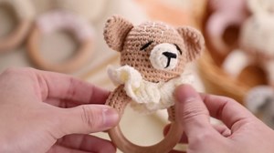 Wooden Baby Rattle，Crochet Bear Rattle with Wood Ring, Newborn Wooden Animal Rattle Toy，Infant Bear Wood Rattle Toys