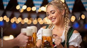 Smiling german woman in traditional attire dirndl dress holds two large beer mugs, surrounded by festive octoberfest decorations and warm lighting, celebrating joyful atmosphere of cultural festival