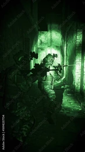 Night vision view of special forces soldiers walking in a dark corridor. Military team in tactical gear holding rifles during a secret raid mission. Army combat operation concept
