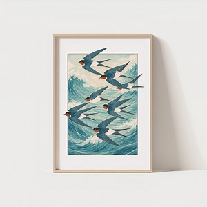 Impression d'art japonaise d'oiseau d'hirondelle, art mural de vague d'océan d'Ukiyo-e, décor de Japandi - Etsy France