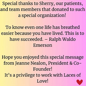 A huge THANK YOU to our incredible patients, team members, and the amazing Sherry here at PFCD. Check out this message from Jeanne at Laces of Love. Hard not to fall in love! Awe struck by your passion Jeanne for the kids. Keep up the great works. It's a privilege to work with you and hopefully make a difference for some of our kiddos in Collier and Lee county. | Park Family & Cosmetic Dentistry | Facebook