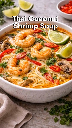 Thai Coconut Shrimp Soup 🥥🍤 Creamy, comforting, and bursting with bold Thai flavors—this coconut shrimp soup is the perfect balance of rich, spicy, and refreshing in every spoonful. Ingredients 1 lb (450 g) large shrimp, peeled & deveined 1 tbsp coconut oil or vegetable oil 2 cloves garlic, minced 1 tbsp fresh ginger, grated 1 tbsp red curry paste (adjust to taste) 4 cups coconut milk 2 cups seafood or vegetable broth 4 oz rice noodles (or thin wheat noodles) 1 cup mushrooms, sliced 1–2 red ch