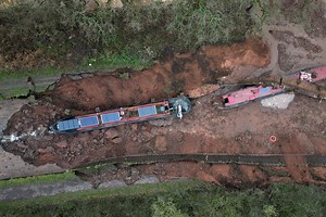 Shropshire canal sinkhole: Dramatic drone footage captures the extent of the huge sinkhole in Whitchurch after 10 people were rescued from boats left stranded