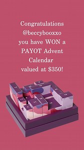 🎄 Congratulations @beccybooxxo you have WON a PAYOT Advent Calendar valued at $350! 🎄 Send us a DM with your details so that you you can unwrap the ultimate luxury countdown to Christmas! Our 2024 PAYOT Advent Calendar is here with 24 days of gifts to make your holiday season extra special. 🌟 Our Advent Calendar is beautifully presented and contains: ✨Quartz Mushroom (Accessory for massage). ✨Konjac Sponge - (Accessory for cleansing). ✨Pâte Grise - Purifying cleansing gel - 15mL. ✨Source Hydr