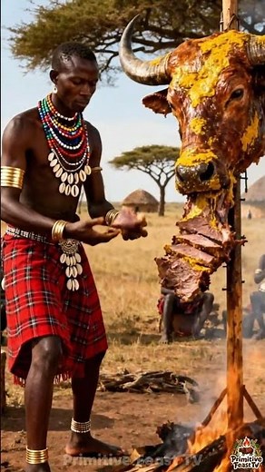 Primitive Bushcraft BBQ – GIANT Buffalo Head Feast in the Deep Jungle 🔥🌿 #Shorts #PrimitiveFeastTV