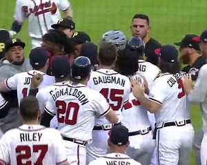 Benches clear and Atlanta Braves' Josh Donaldson and Pittsburgh Pirates' Joe Musgrove are ejected after Donaldson was hit by a pitch. | FanDuel Sports Network South