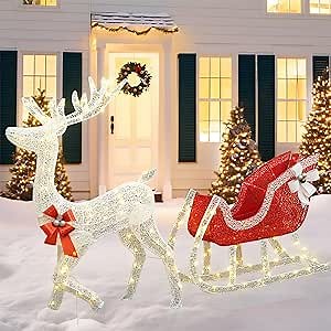 MIERES 4 FT Lighted Reindeer Sleigh Christmas Decorations, Outdoor Yard Decoration Set with 205 LED & Stakes, Pre-lit Xmas Lighted Outdoor Decoration for Holiday Yard Patio Lawn Garden