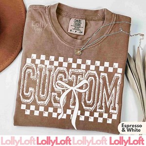 Custom Varsity Checker Bow Tshirt Comfort Colors® College Letter Shirt Custom Your Text Tee Personalized Retro Tee Distressed College Shirt - Etsy
