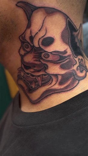 Black and gray oni mask neck tattoo process #tattoo #tattooartist #necktattoo #onimask #tattooapprentice #tattooprocess #viralvideo #foryourpage