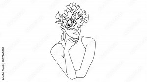 Woman face with flowers one line drawing. Continuous line drawing art. Flower bouquet in woman head single line art. Vector illustration