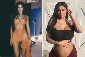 Kylie Jenner nearly busts out of barely-there orange Kylie Swim swimsuit